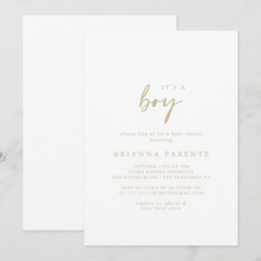 Het is een jongensmodern elegant gouden Baby showe Kaart (Voorkant / Achterkant)