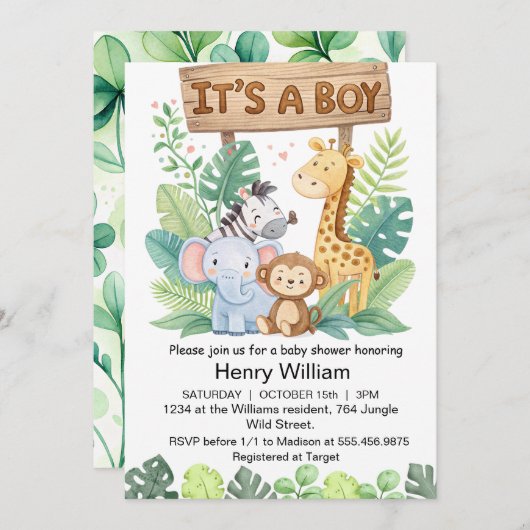 Het is een jongenssafari oerwouden met babyjongens kaart (Voorkant / Achterkant)