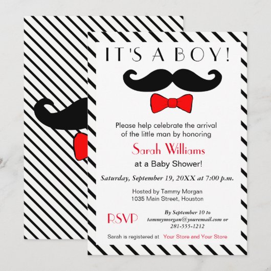 Het is een jongenssnor en een rode Bowtie Baby sho Kaart (Voorkant / Achterkant)