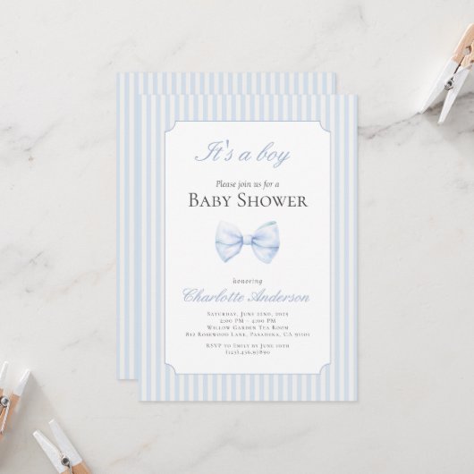 Het is een jongensuitnodiging voor het Baby shower Kaart (Voorkant / Achterkant in situ)