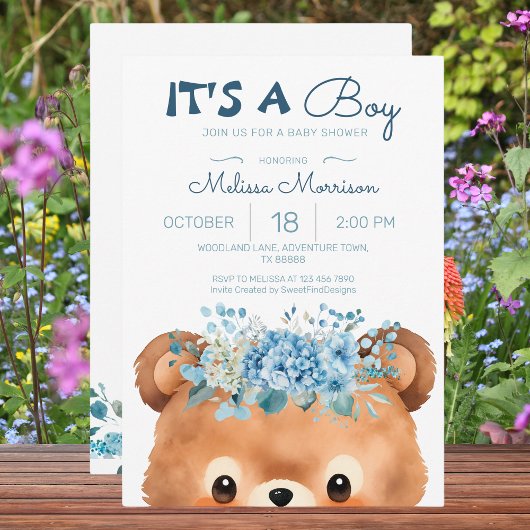Het is een jongetje Beer Floral Blue Baby shower Kaart