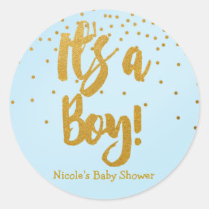 Het is een JONGETJE Lichtblauwe & Gouden Confetti  Ronde Sticker