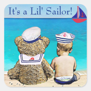Het is een kleine zeeman, jongensbaby shower vierkante sticker