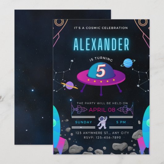 Het is een kosmische viering van de 5e verjaardag kaart (Voorkant / Achterkant)