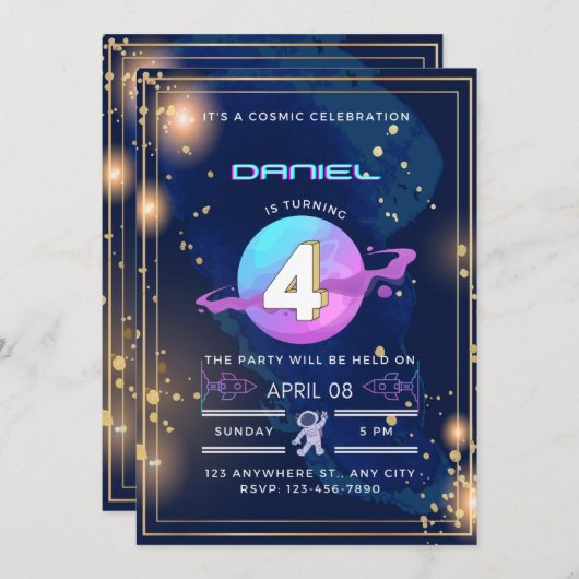 Het is een kosmische viering van de vierde verjaar kaart (Voorkant / Achterkant)