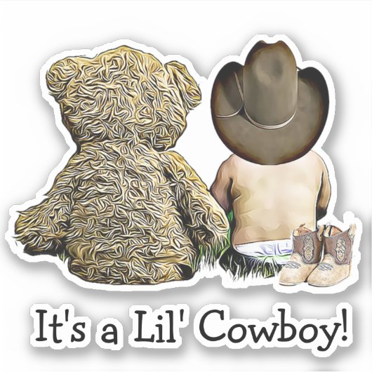 Het is een Lil Cowboy Teddy Baby shower Sticker (Voorkant)