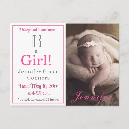 Het is een meisje! Aankondiging van warme roze Bab (Voorkant)