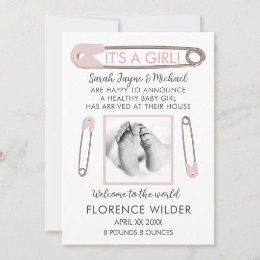 Het is een meisje Baby foto roze geboorte aankondi Aankondiging (Voorkant)