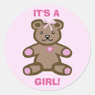 Het is een meisje baby roze teddybeer. ronde sticker