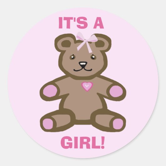 Het is een meisje baby roze teddybeer. ronde sticker (Voorkant)