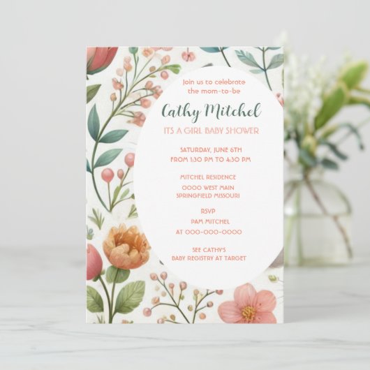 Het is een meisje Baby shower Floral Invitation Kaart (Staand voorkant)