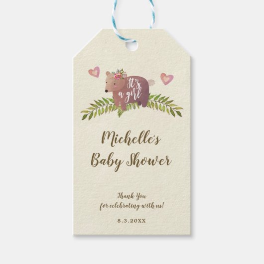 Het is een meisje baby shower labels gunsten beer cadeaulabel (Voorkant)