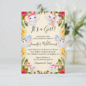 Het is een meisje, baby shower olifanten en bloeme kaart (Staand voorkant)
