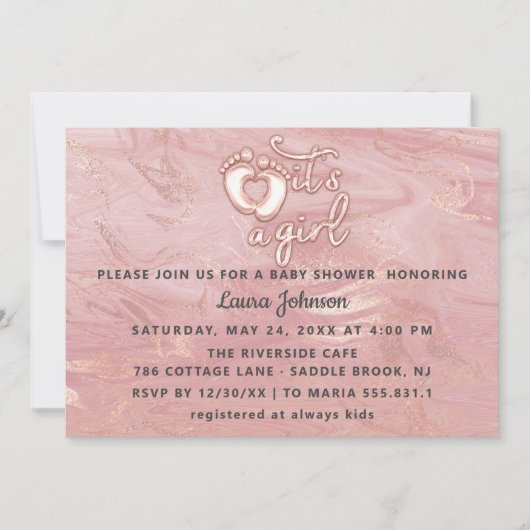 Het is een meisje Baby shower Roos Marble Pink Fee Kaart (Voorkant)