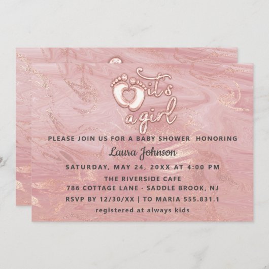 Het is een meisje Baby shower Roos Marble Pink Fee Kaart (Voorkant / Achterkant)