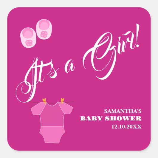 Het is een meisje! Baby shower Roze Modern. Vierkante Sticker (Voorkant)