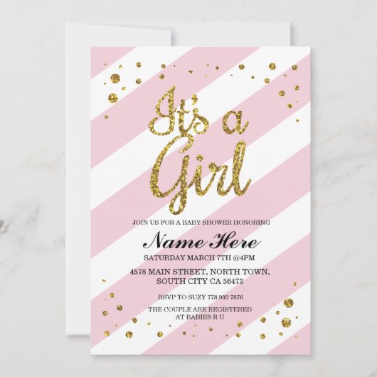 Het is een Meisje Baby shower Roze Streep Goud Uit Kaart (Voorkant)