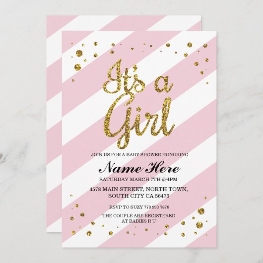 Het is een Meisje Baby shower Roze Streep Goud Uit Kaart (Voorkant / Achterkant)