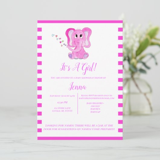Het is een meisje Baby shower Waterverf Elephant Kaart (Staand voorkant)