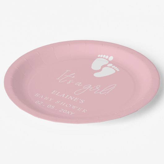 Het is een meisje Baby voetafdruk Schattige roze B Papieren Bordje (Gekanteld)