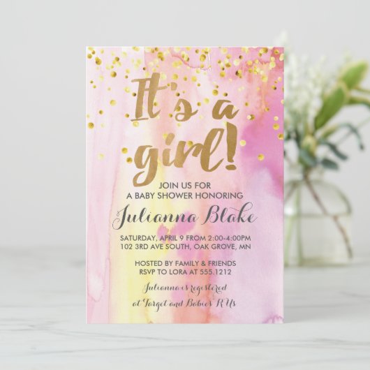 Het is een meisje babyshower waterverf uitnodiging (Staand voorkant)