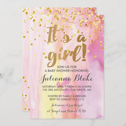 Het is een meisje babyshower waterverf uitnodiging (Voorkant / Achterkant)