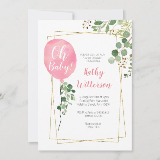 Het is een meisje Ballon Greenery oh baby shower Kaart (Voorkant)