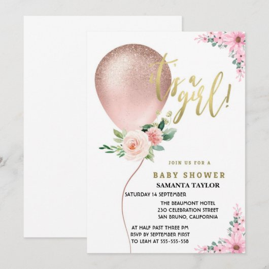 Het is een meisje! Ballon Roze Bloemencélébratie Kaart (Voorkant / Achterkant)