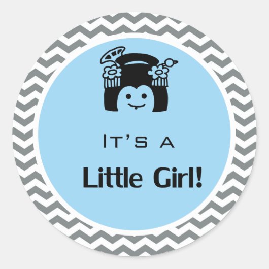 Het is een meisje blauw, grijze sticker. ronde sticker (Voorkant)
