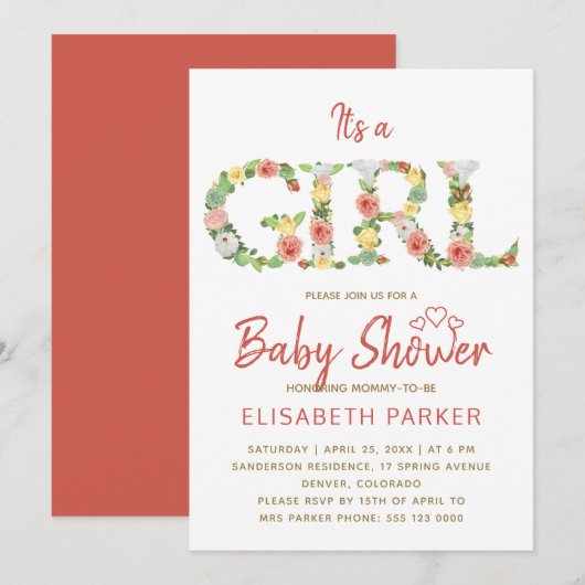 Het is een MEISJE bloemalfabet script babyshower Kaart (Voorkant / Achterkant)