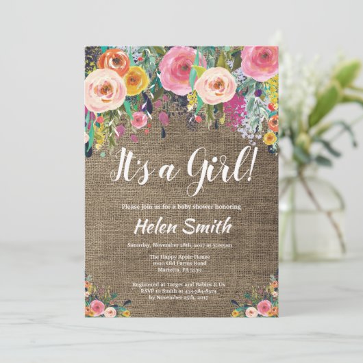 Het is een meisje Bloemen Baby shower Invitation B Kaart (Staand voorkant)