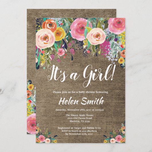 Het is een meisje Bloemen Baby shower Invitation B Kaart (Voorkant / Achterkant)