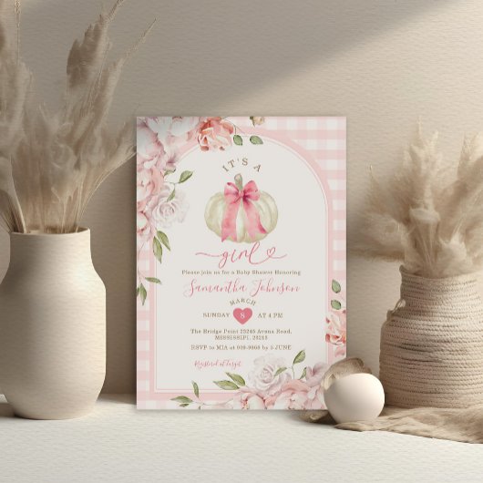Het is een meisje Bloemen Blush Pink Gingham Baby  Kaart