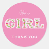 Het is een meisje, bloemen en vlinders baby shower ronde sticker (Voorkant)
