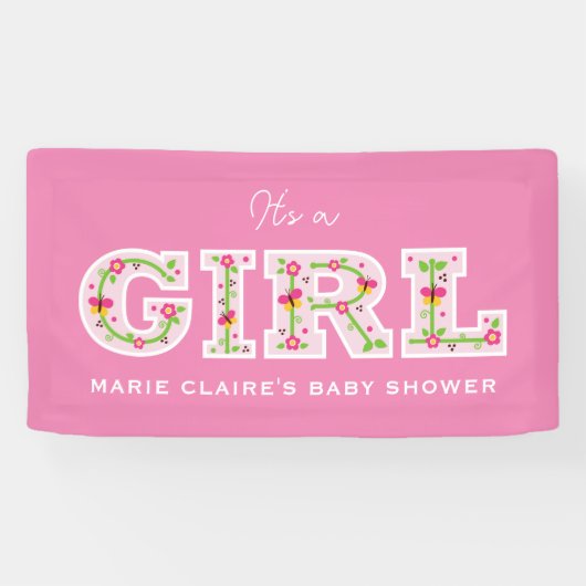 Het is een meisje, bloemen en vlinders baby shower spandoek (Horizontaal)