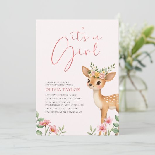 Het is een Meisje Bloemen Herten Baby Meisje Douch Kaart (Staand voorkant)