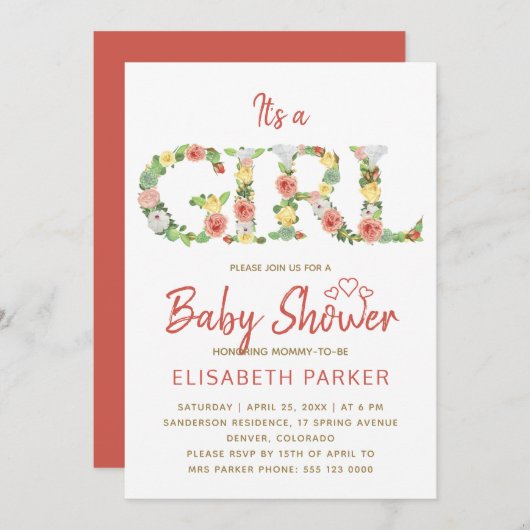 Het is een MEISJE bloemenalfabet script baby showe Kaart (Voorkant / Achterkant)