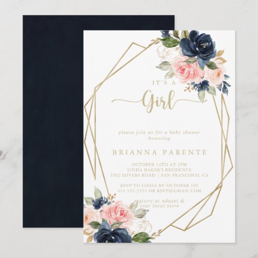 Het is een Meisje Bloemengoud geometrisch Baby sho Kaart (Voorkant / Achterkant)