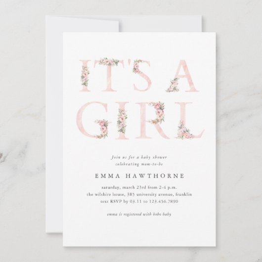 Het is een meisje bloementypografie roze Baby show Kaart (Voorkant)