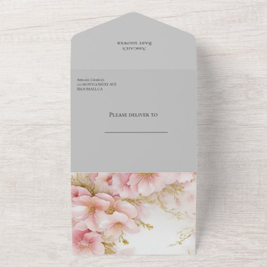 Het is een meisje blozen bloesem all in one uitnodiging (Buitenkant)