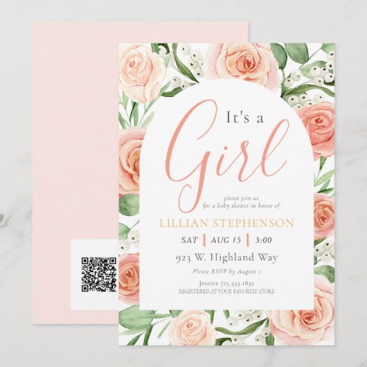 Het Is Een Meisje Blush Roze Bloemencode QR Code Kaart (Voorkant / Achterkant)