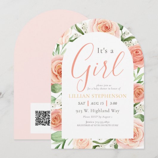 Het Is Een Meisje Blush Roze Bloemencode QR Code Kaart (Voorkant / Achterkant)