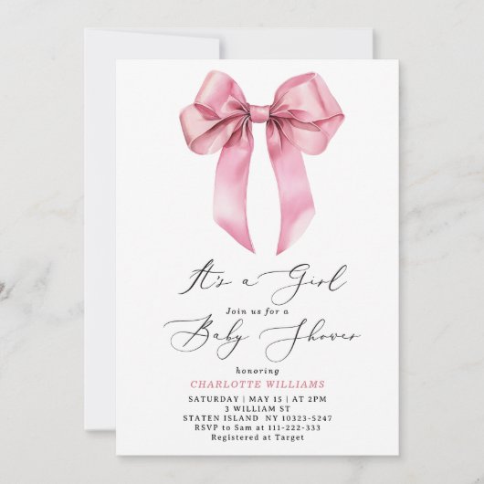 Het is een meisje Blush roze Bow Baby shower Kaart (Voorkant)