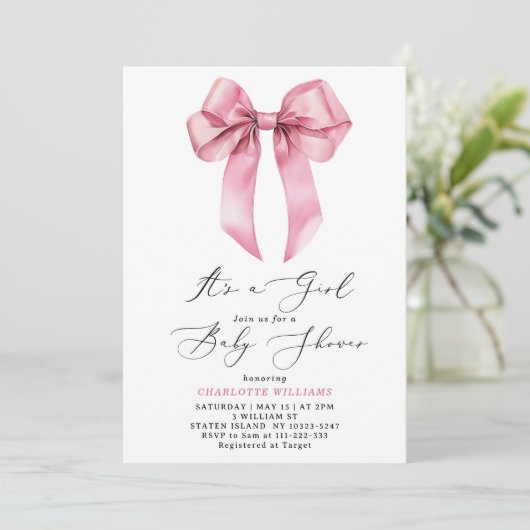 Het is een meisje Blush roze Bow Baby shower Kaart (Staand voorkant)