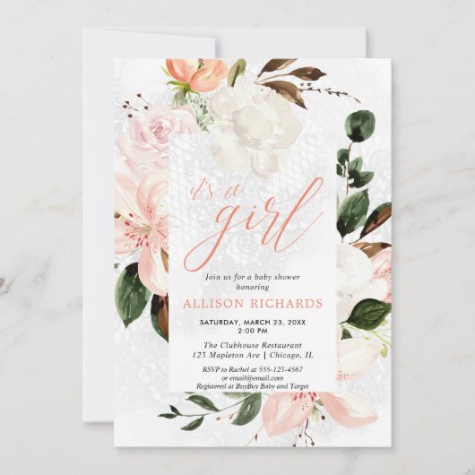 Het is een meisje blush roze kant bloemig baby sho kaart (Voorkant)