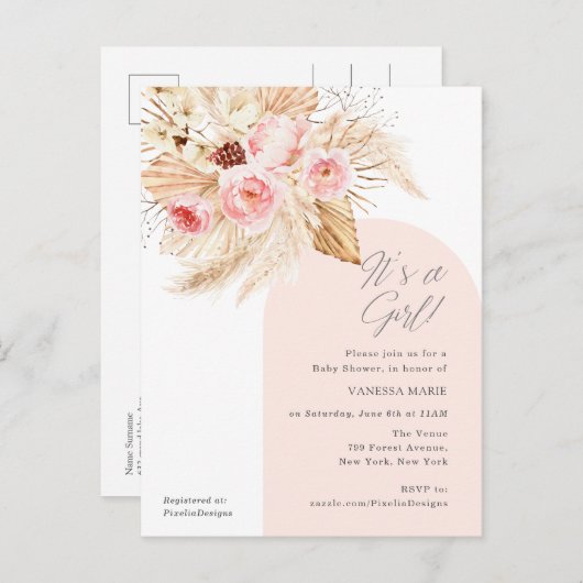 Het is een meisje boho pampas moderne boog bloemen uitnodiging briefkaart (Voorkant / Achterkant)