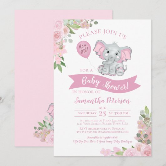 Het is een meisje! Cute Elephant Pink Floral Baby  Kaart (Voorkant / Achterkant)