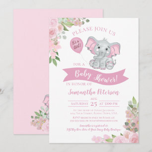 Het is een meisje! Cute Elephant Pink Floral Baby  Kaart