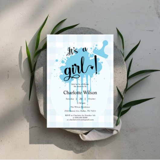 Het is een meisje Cute Pastel Blauwe Gingham Baby  Kaart