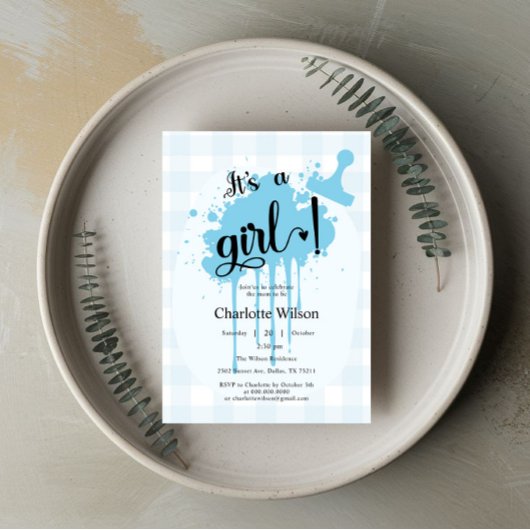 Het is een meisje Cute Pastel Blauwe Gingham Baby  Kaart